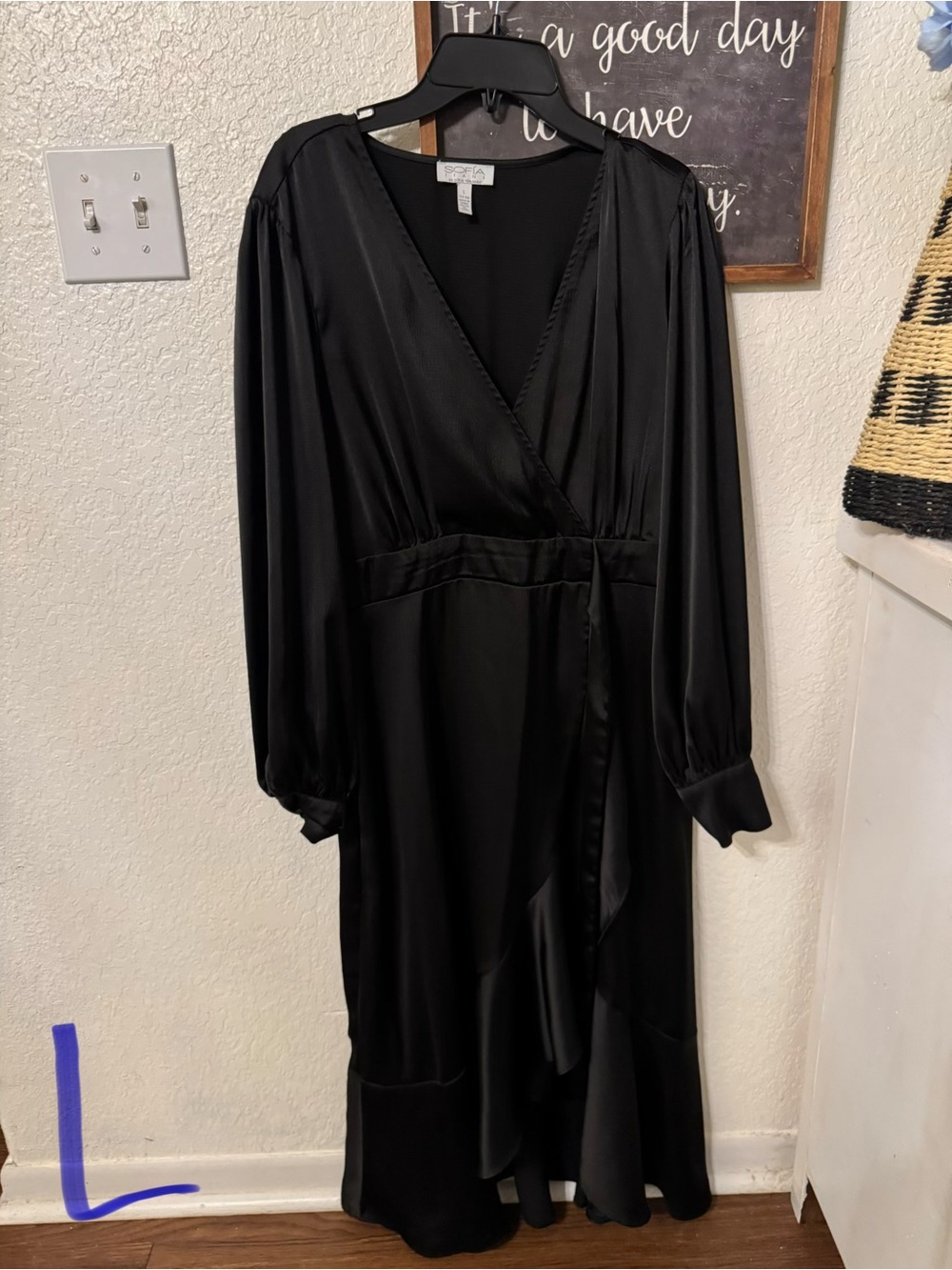 Black Wrap Midi Dress - Satin Long Sleeve